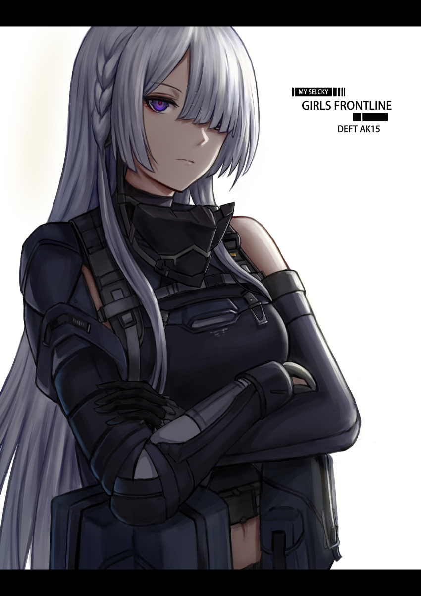 1girl absurdres ak-15_(girls_frontline) bangs bare_shoulders braid closed_mouth commentary_request crossed_arms elbow_gloves girls_frontline gloves hair_over_one_eye highres long_hair looking_at_viewer mask_around_neck midriff navel open_eyes parted_bangs pouch selcky sidelocks silver_hair tactical_clothes violet_eyes