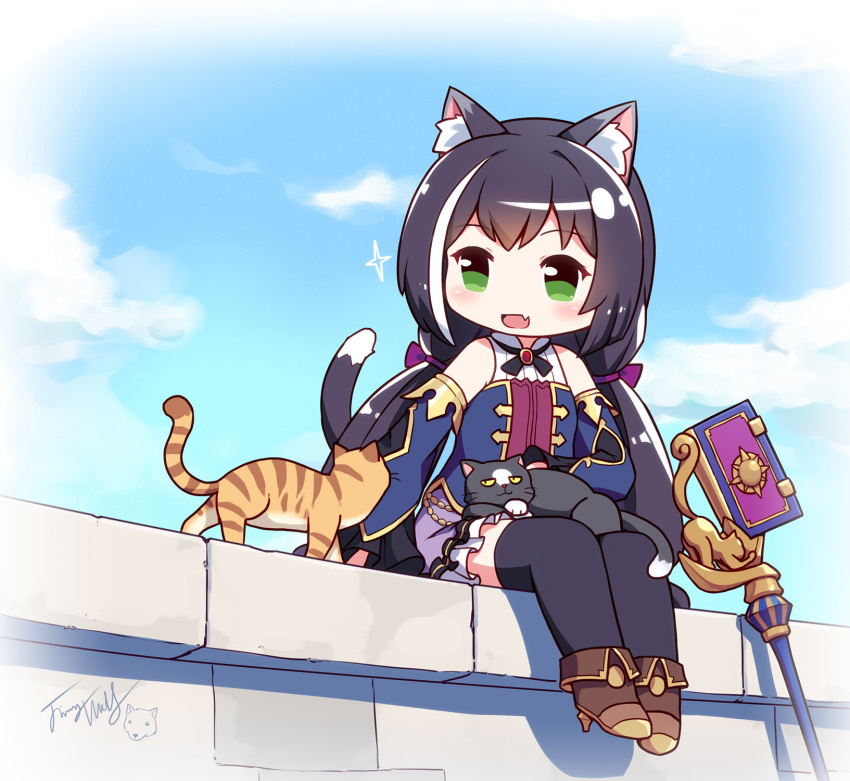 1girl animal_ear_fluff animal_ears animal_on_lap bangs black_hair black_legwear blush cat cat_ears cat_on_lap cat_tail chibi detached_sleeves fang foot_dangle green_eyes highres kyaru_(princess_connect) langbazi legs_together long_hair low_twintails multicolored_hair on_wall open_mouth princess_connect! princess_connect!_re:dive sitting skin_fang solo streaked_hair tail thigh-highs twintails