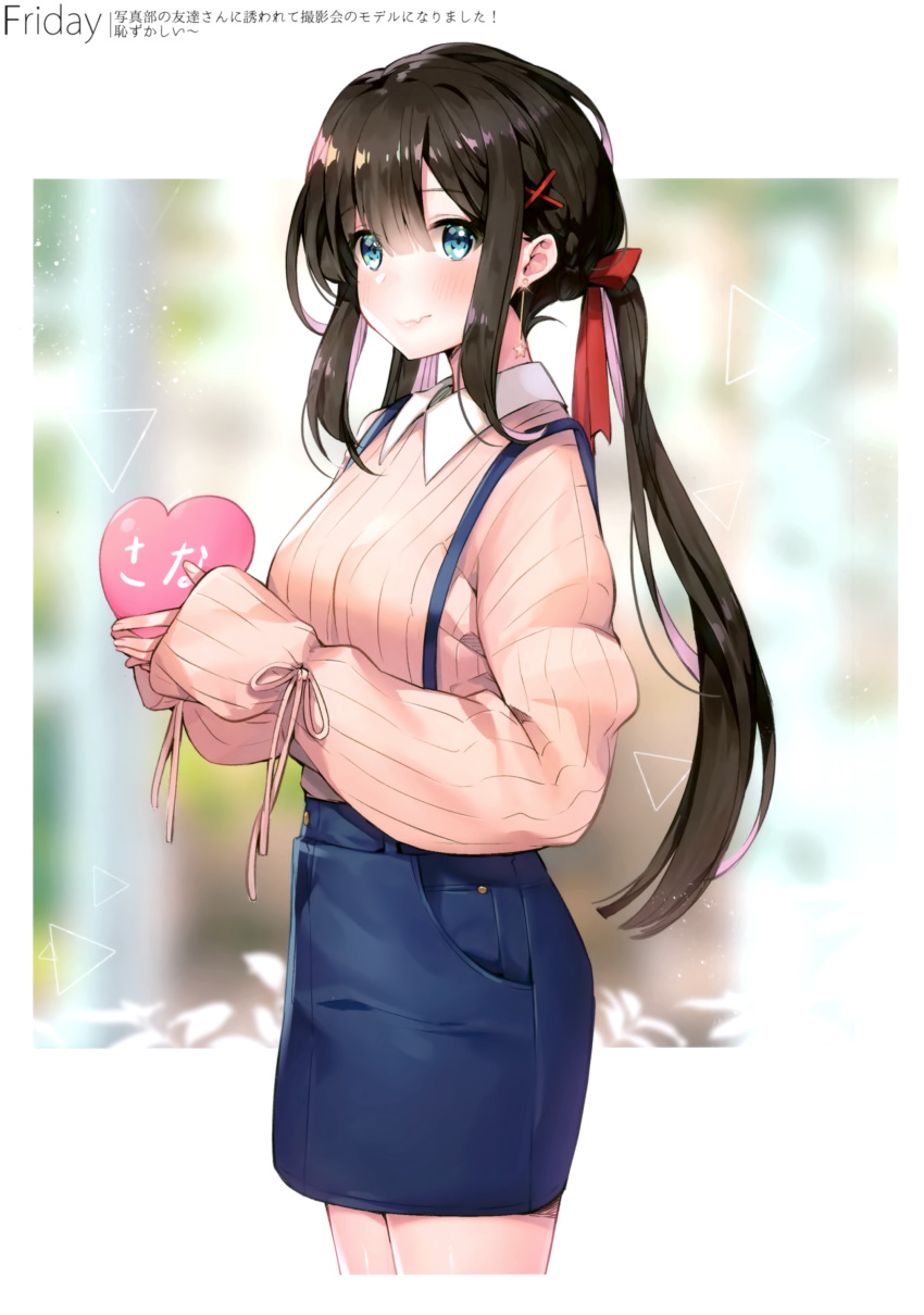 1girl absurdres ayamy bangs black_hair blue_eyes blue_skirt blurry blurry_background blush bow bowtie breasts closed_mouth earrings eyebrows_visible_through_hair fingernails hair_bow hair_ornament heart highres holding jewelry lips long_sleeves looking_at_viewer low_twintails medium_breasts miyawaki_sana original pencil_skirt red_bow ribbed_sweater scan shiny shiny_hair shiny_skin sidelocks skirt sleeves_past_wrists solo suspender_skirt suspenders sweater tied_hair twintails