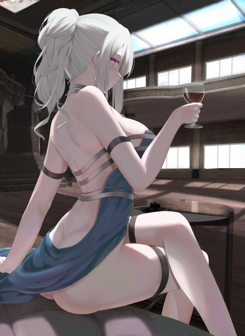 1girl ak-12_(girls_frontline) alcohol alternate_costume armlet ass back bangs bare_shoulders blue_dress blush breasts closed_mouth cocktail_dress commentary_request counter crossed_legs cup dress from_behind girls_frontline glass glowing glowing_eyes halterneck high_ponytail highres holding holding_cup indoors large_breasts looking_to_the_side pale_skin pink_eyes ru_zhai sideboob sidelocks silver_hair sitting stairs table thigh_strap thighs window