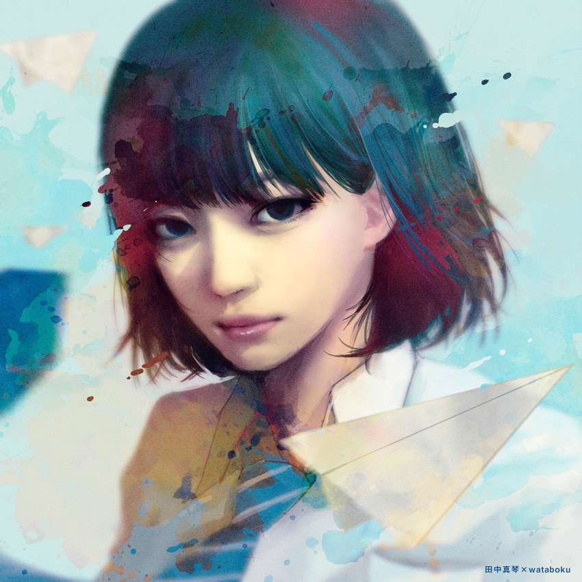 1girl artist_name asian bangs blunt_bangs blurry blurry_background bob_cut brown_eyes closed_mouth collared_shirt expressionless face highres lips looking_at_viewer original paper_airplane pink_lips realistic scan shirt short_hair solo upper_body wataboku white_shirt wing_collar