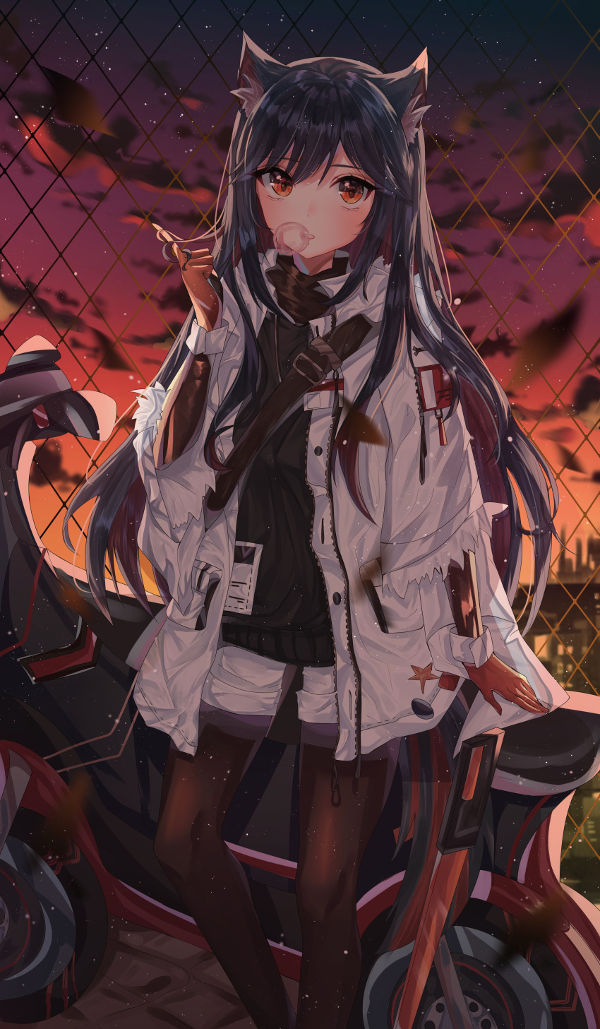 1girl absurdres alternate_costume animal_ear_fluff animal_ears arknights bangs black_hair black_legwear black_shirt bubble_blowing chain-link_fence commentary dusk feet_out_of_frame fence gloves hand_up highres huge_filesize jacket long_hair long_sleeves looking_at_viewer orange_eyes outdoors pantyhose planted_sword planted_weapon red_gloves shirt shorts solo standing sword texas_(arknights) very_long_hair weapon white_jacket white_shorts wide_sleeves wine_(2148_wine) wolf_ears