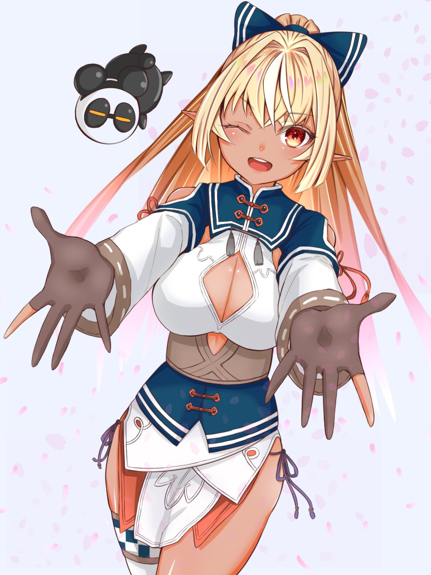 1girl ahoge blonde_hair blue_bow blue_dress bow breasts brown_gloves checkered china_dress chinese_clothes cleavage_cutout commentary cowboy_shot dark_skin dress eyebrows_visible_through_hair gloves grey_background hair_bow highres hololive kintsuba_(flare_channel) kokechan long_hair long_sleeves looking_at_viewer medium_breasts multicolored_hair one_eye_closed open_mouth orange_eyes outstretched_arms pelvic_curtain petals pointy_ears ponytail reaching_out shiranui_flare simple_background single_thighhigh smile streaked_hair thigh-highs thighs two-tone_dress two-tone_hair virtual_youtuber white_dress white_hair white_legwear