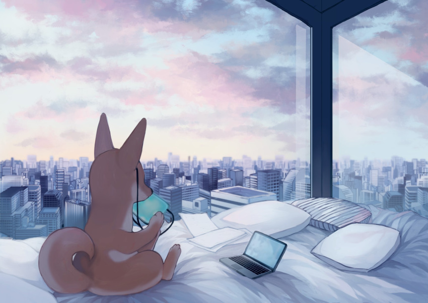 animal_ears bed blue_sky building cellphone cityscape clouds computer day dog_ears dog_tail earphones from_behind full_body furry hand_up highres holding indoors jpeg_artifacts keyboard_(computer) laptop mayumochini no_humans on_bed original paper phone pillow scenery sitting sky skyscraper solo sunrise tail window