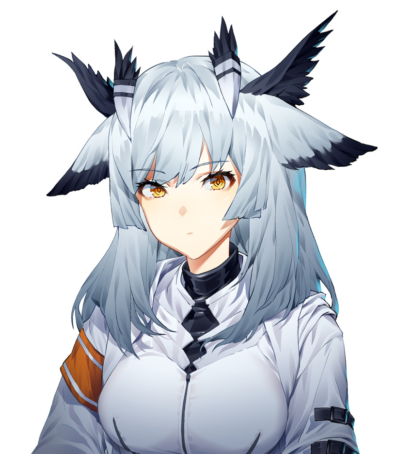 1girl arknights armband bangs commentary eyebrows_visible_through_hair highres jacket long_hair looking_at_viewer pointy_hair ptilopsis_(arknights) shinidei silver_hair simple_background solo upper_body white_background white_jacket yellow_eyes