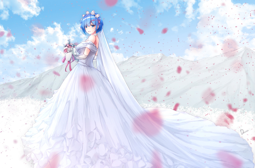 1girl absurdres alternate_costume bangs bare_shoulders blue_eyes blue_hair blush breasts clouds commentary_request day dermar dress elbow_gloves flower frills from_side gloves hair_ornament hair_over_one_eye hair_ribbon highres holding holding_flower large_breasts leaf long_dress looking_at_viewer open_mouth outdoors pink_ribbon re:zero_kara_hajimeru_isekai_seikatsu rem_(re:zero) ribbon short_hair smile solo wedding_dress white_dress white_flower white_gloves x_hair_ornament