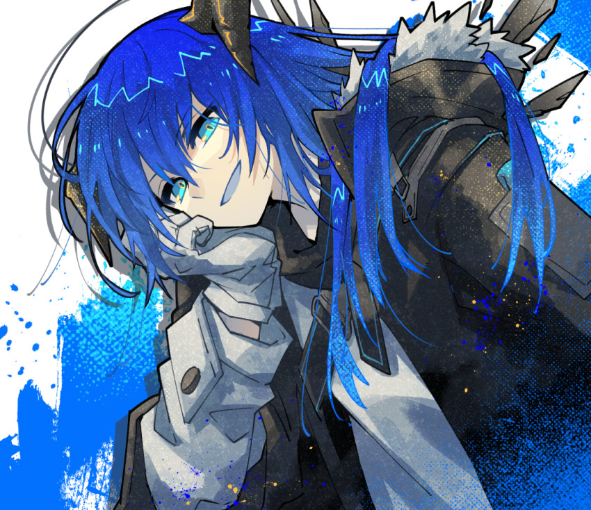 1girl arknights black_jacket blue_background blue_eyes blue_hair blue_tongue colored_tongue commentary demon_horns gloves halo horns jacket leaning_forward long_hair looking_at_viewer morini_ochiteru mostima_(arknights) open_mouth shirt simple_background smile solo upper_body white_background white_gloves white_shirt wings