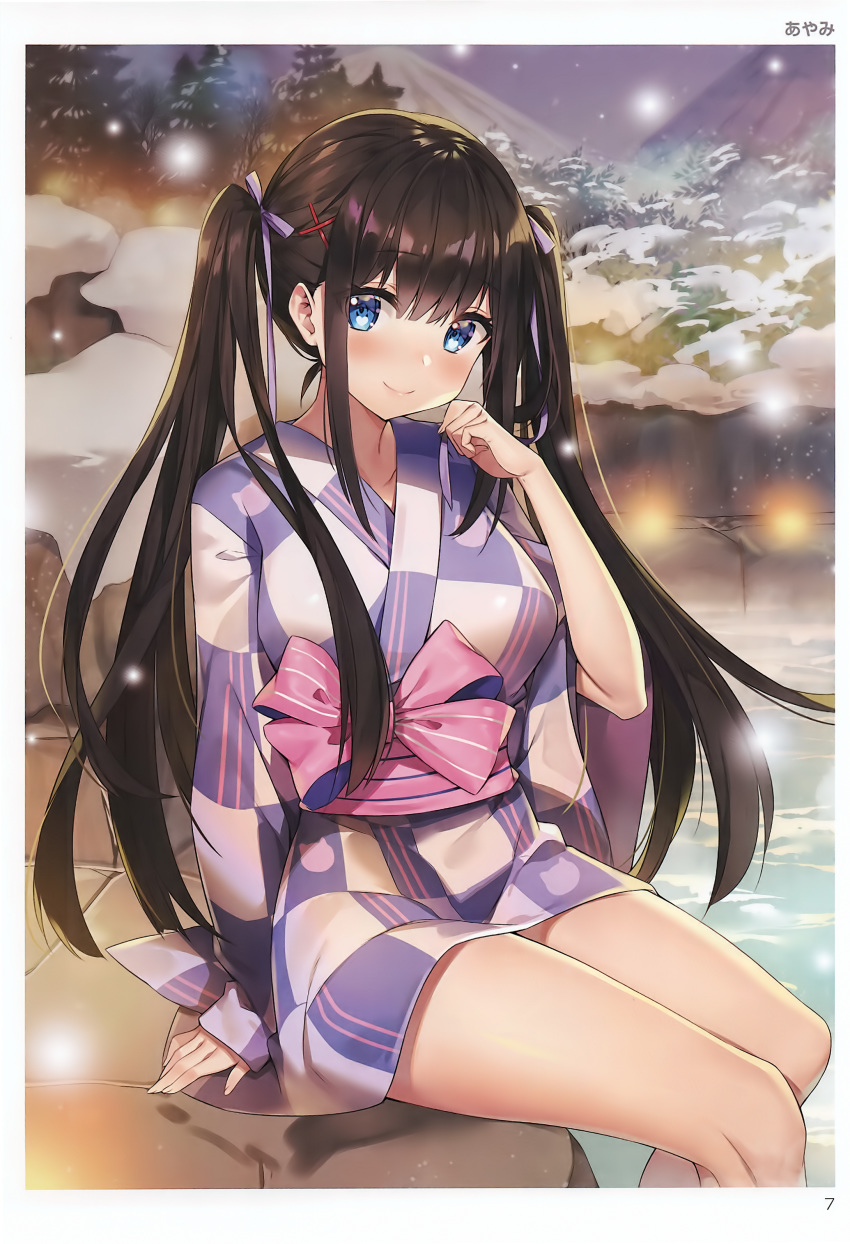 1girl absurdres arm_support artist_name ayamy bangs black_hair blue_eyes blush bow bowtie breasts closed_mouth eyebrows_visible_through_hair fingernails hair_bow hair_ornament hand_up highres japanese_clothes kimono lips looking_at_viewer medium_breasts miyawaki_sana night outdoors page_number scan shiny shiny_hair shiny_skin simple_background sitting smile snow snowing solo thighs tied_hair toranoana tree twintails water wide_sleeves x_hair_ornament yukata