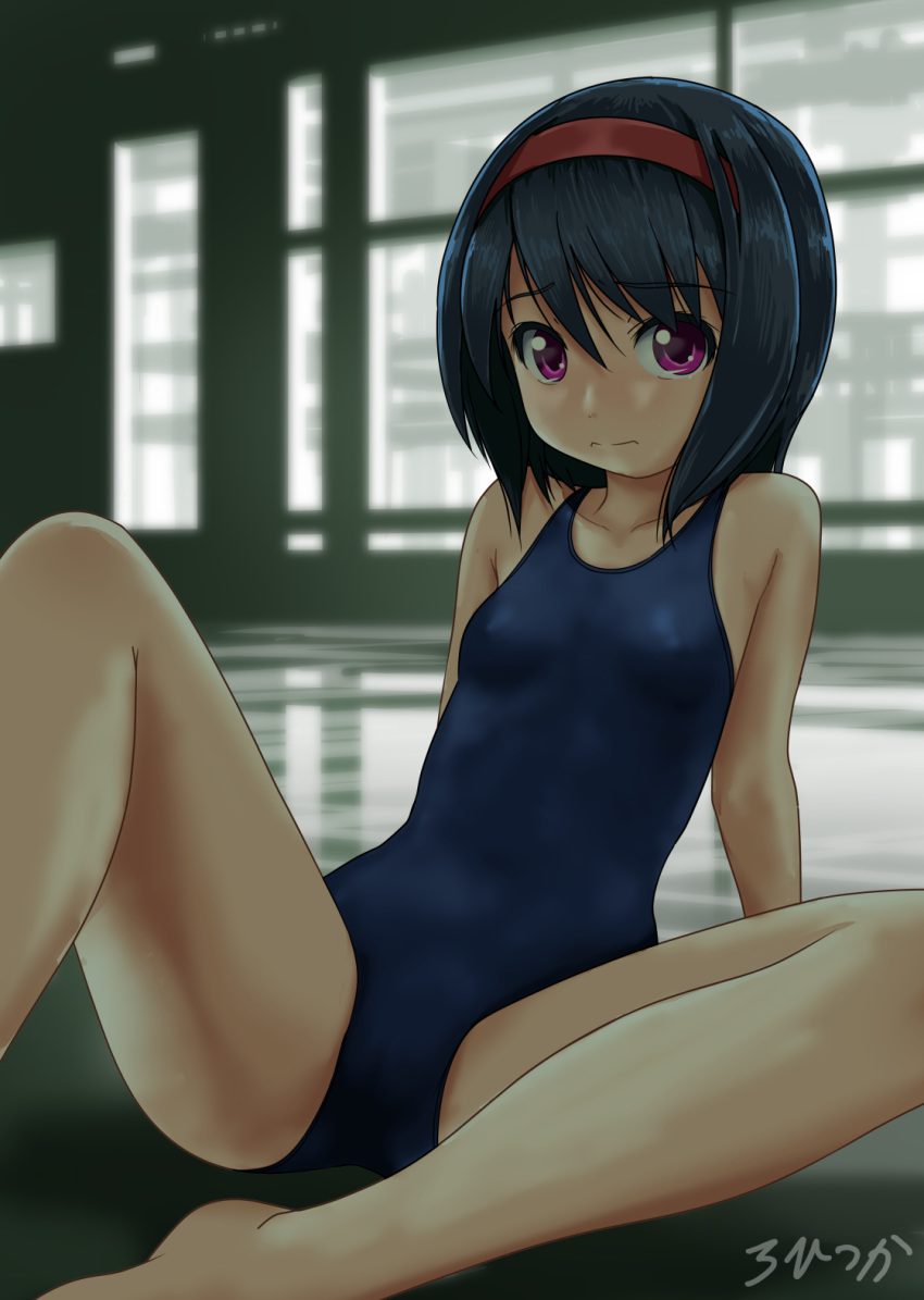 1girl bangs bare_arms bare_legs bare_shoulders barefoot black_hair blue_swimsuit blurry blurry_background breasts closed_mouth collarbone commentary_request day depth_of_field eyebrows_visible_through_hair hair_between_eyes hairband highres indoors long_hair looking_at_viewer one-piece_swimsuit original red_hairband reflection rohitsuka school_swimsuit signature small_breasts solo swimsuit violet_eyes window