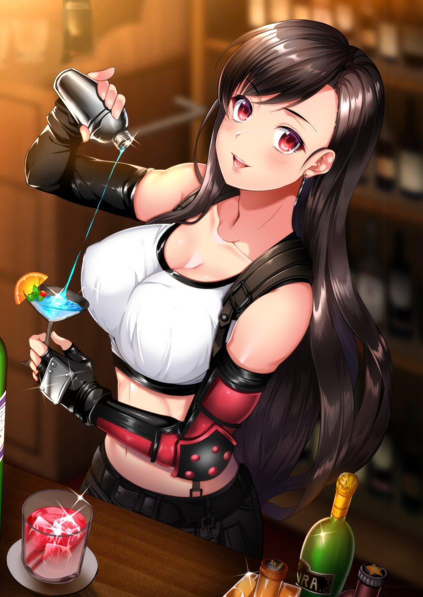 1girl absurdres alcohol bar bare_shoulders blush breasts brown_hair cup drink drinking_glass earrings elbow_gloves final_fantasy final_fantasy_vii final_fantasy_vii_remake fingerless_gloves gloves highres jewelry large_breasts looking_at_viewer open_mouth shaker skirt smile solo sparkle suspender_skirt suspenders tank_top tifa_lockhart uzura_(moimoi)