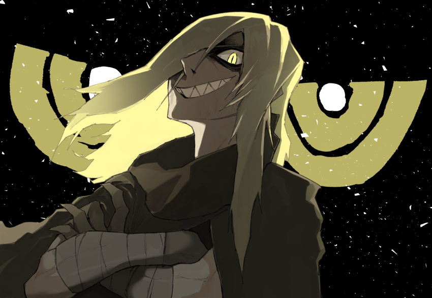 1boy bandaged_arm bandages black_background blonde_hair brown_cloak claws cloak crossed_arms eyes grin hair_over_one_eye highres long_hair looking_at_viewer male_focus sharp_teeth slit_pupils smile solo syaber_syaber teeth tengen_toppa_gurren_lagann upper_body viral yellow_eyes