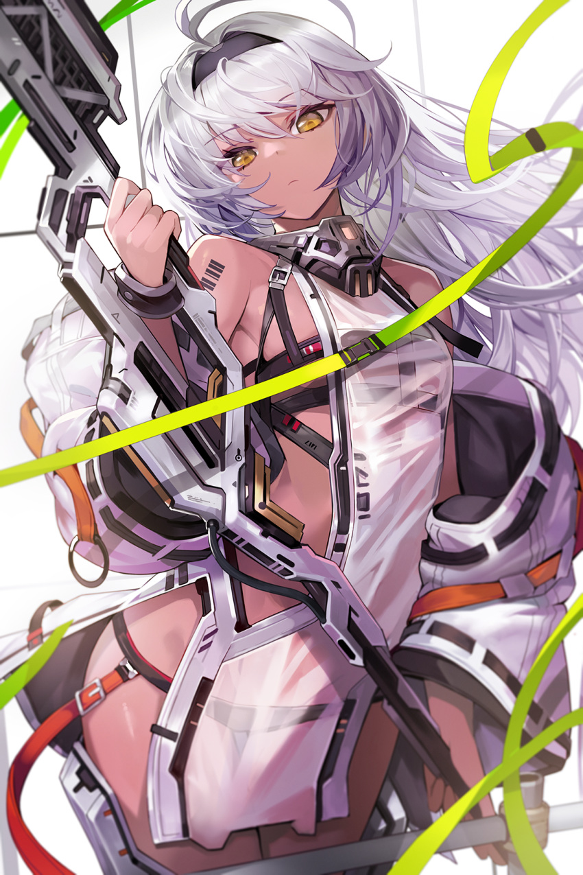 1girl bangs barcode_tattoo bare_shoulders black_panties clothing_request commentary_request dark_skin eyebrows_visible_through_hair flat_chest frown goomrrat green_ribbon grey_hair highres holding holding_weapon jacket looking_at_viewer orange_eyes original panties ribbon solo tattoo underwear weapon white_jacket wide_sleeves
