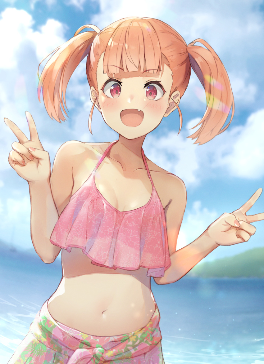 1girl :d absurdres bare_shoulders bikini blurry breasts clouds collarbone day depth_of_field double_v halter_top halterneck hands_up highres isegawa_yasutaka lens_flare long_hair looking_at_viewer midriff navel ocean open_mouth orange_hair original outdoors pink_bikini red_eyes sarong sky small_breasts smile solo stomach sunlight swimsuit twintails upper_body v water