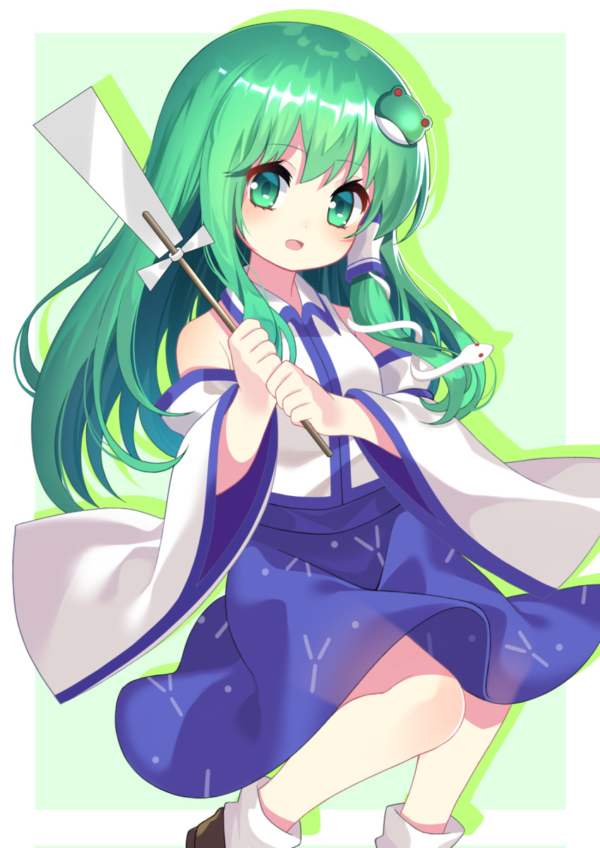 1girl blue_skirt brown_footwear child detached_sleeves frog_hair_ornament gohei green_background green_eyes green_hair hair_ornament hair_tubes hairclip highres japanese_clothes kochiya_sanae long_hair miko open_mouth shirt shoes simple_background skirt smile snake_hair_ornament socks solo touhou white_footwear white_shirt younger yuujin_(mhhnp306)