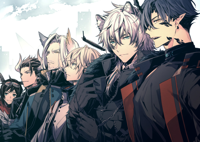 6+boys animal_ears arknights blue_hair brown_hair commentary_request courier_(arknights) cow_horns demon_horns executor_(arknights) feathers flamebringer_(arknights) gloves goggles goggles_on_head halo hellagur_(arknights) horns leopard_ears matterhorn_(arknights) muku_(pixiv3207772) multiple_boys ore_lesion_(arknights) silverash_(arknights) white_hair