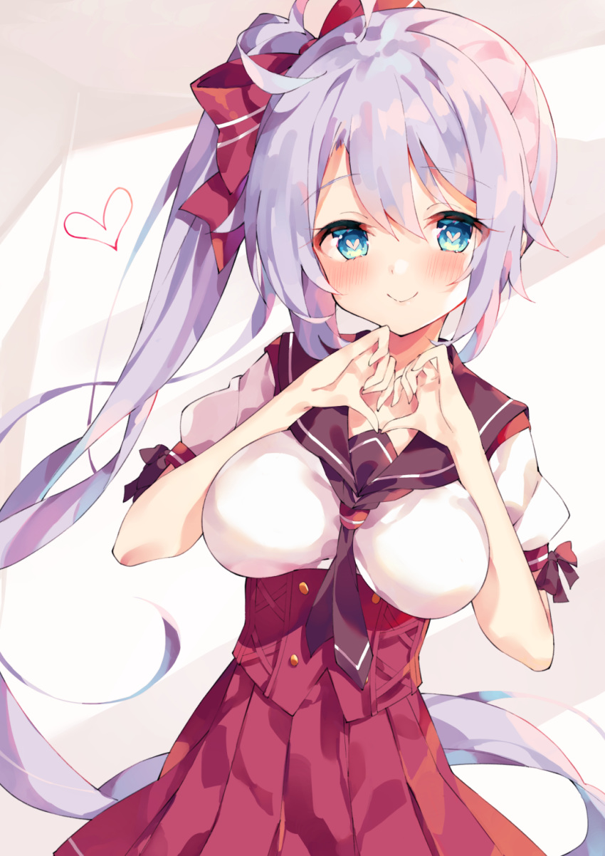 1girl ahoge azur_lane black_serafuku blue_eyes blush bow breasts eyebrows_visible_through_hair gradient gradient_background hair_between_eyes hair_bow hair_ornament hair_ribbon heart heart-shaped_pupils heart_ahoge heart_arms_duo highres large_breasts long_hair looking_at_viewer neckerchief pleated_skirt portland_(azur_lane) portland_(school_life_with_indy!)_(azur_lane) purple_hair red_bow ribbon sailor_collar school_uniform serafuku short_sleeves side_ponytail skirt smile solo symbol-shaped_pupils unacchi_(nyusankin) very_long_hair