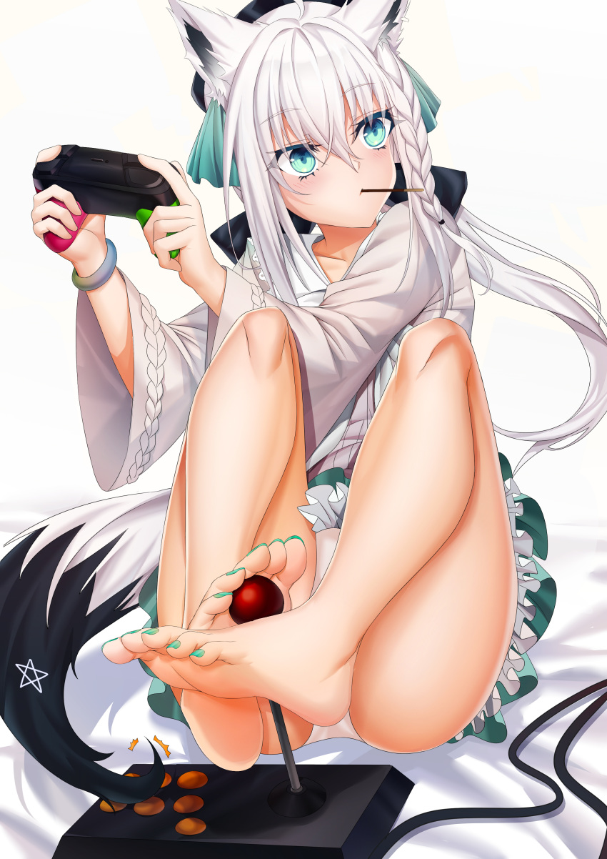 1girl absurdres ahoge animal_ears bangs bare_legs barefoot bed_sheet black_bow black_headwear bow braid controller ear_piercing eyebrows_visible_through_hair feet food food_in_mouth fox_ears fox_girl fox_tail game_controller green_eyes green_nails green_ribbon green_skirt hair_between_eyes hair_bow hair_intakes hair_ribbon hat highres holding hololive knees_up legs long_hair long_sleeves looking_away looking_to_the_side mouth_hold oruyanke_(fubuki_channel) piercing pink_shirt pleated_skirt pocky prehensile_tail ribbon shirakami_fubuki shirt silver_hair skirt solo tail toenail_polish toenails toes very_long_hair virtual_youtuber white_background wide_sleeves xo_(xo17800108)