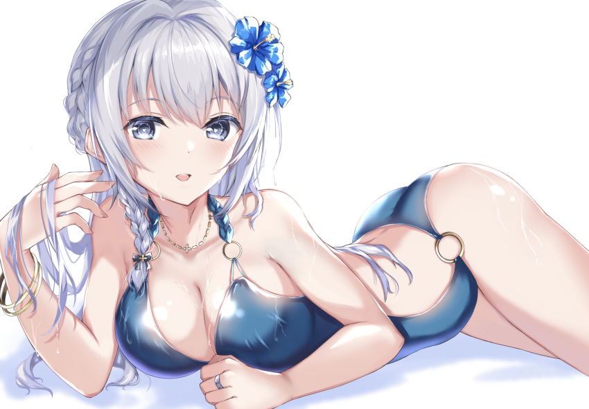 1girl blue_eyes blue_flower blue_swimsuit braid casual_one-piece_swimsuit cowboy_shot flower fuchi_(0616tk) hair_flower hair_ornament hair_over_shoulder highres long_hair looking_at_viewer lying magia_record:_mahou_shoujo_madoka_magica_gaiden mahou_shoujo_madoka_magica on_stomach one-piece_swimsuit open_mouth round_teeth silver_hair simple_background single_braid smile solo swimsuit teeth upper_teeth white_background yakumo_mitama
