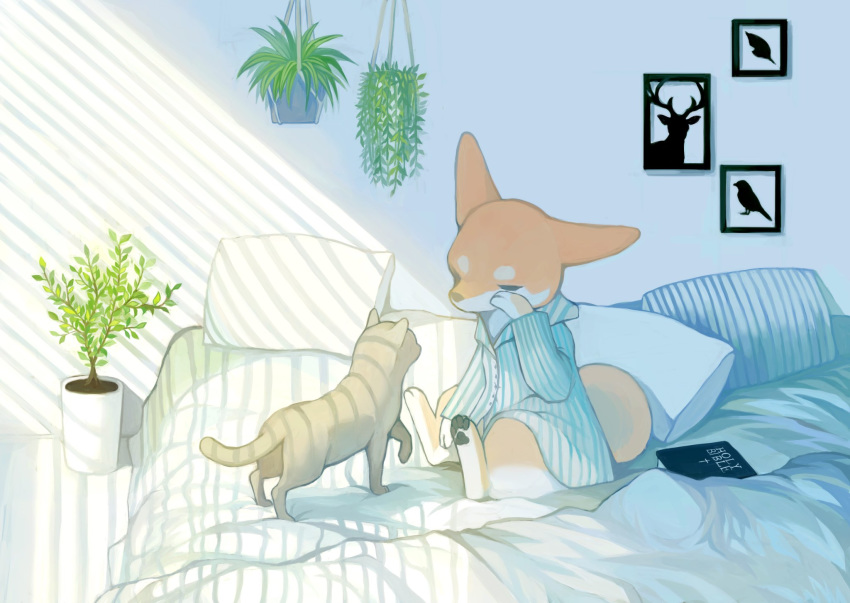 animal_ears barefoot bible blue_shirt book bottomless cat closed_eyes day english_text full_body hand_up hanging_plant highres leg_up light long_sleeves mayumochini no_humans on_bed original pajamas pawpads paws picture_(object) pillow plant potted_plant rubbing_eyes scenery shirt sitting striped striped_shirt tail