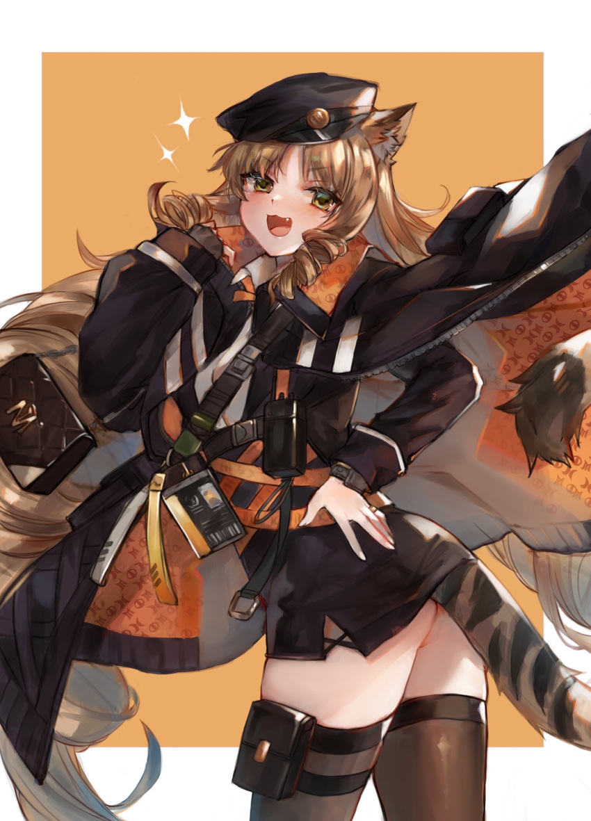 1girl :d animal_ears arknights belt belt_pouch black_headwear black_jacket black_shirt brown_hair brown_legwear cowboy_shot dress_shirt fang green_eyes hand_on_hip hand_up hat highres id_card jacket jacket_on_shoulders leg_belt long_hair long_sleeves looking_at_viewer open_mouth peaked_cap pouch ryuuji_teitoku shirt smile solo standing strap swire_(arknights) tail thigh-highs tiger_ears tiger_girl tiger_tail very_long_hair zettai_ryouiki