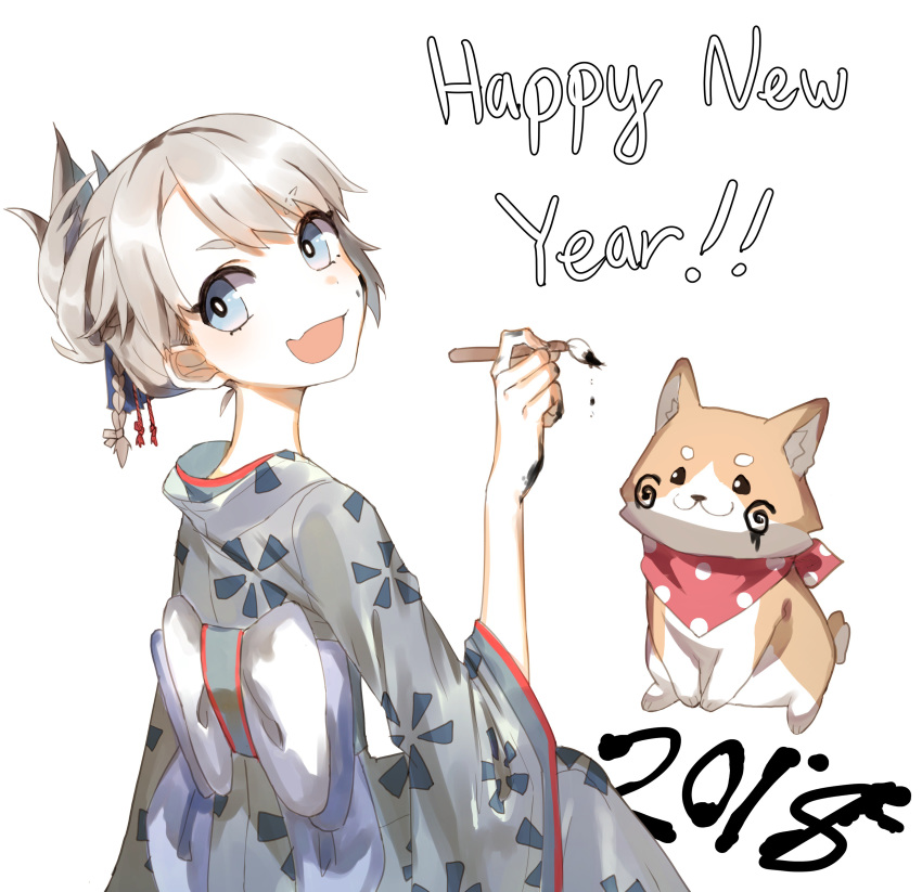 2018 :d absurdres blue_eyes blush bow bright_pupils buttoniris calligraphy_brush chinese_zodiac commentary dog english_commentary english_text eyebrows_visible_through_hair fang fingernails folded_ponytail from_behind grey_kimono happy_new_year highres japanese_clothes kimono long_sleeves looking_at_viewer looking_back new_year open_mouth original paint_on_face paintbrush simple_background skin_fang smile white_background wide_sleeves year_of_the_dog