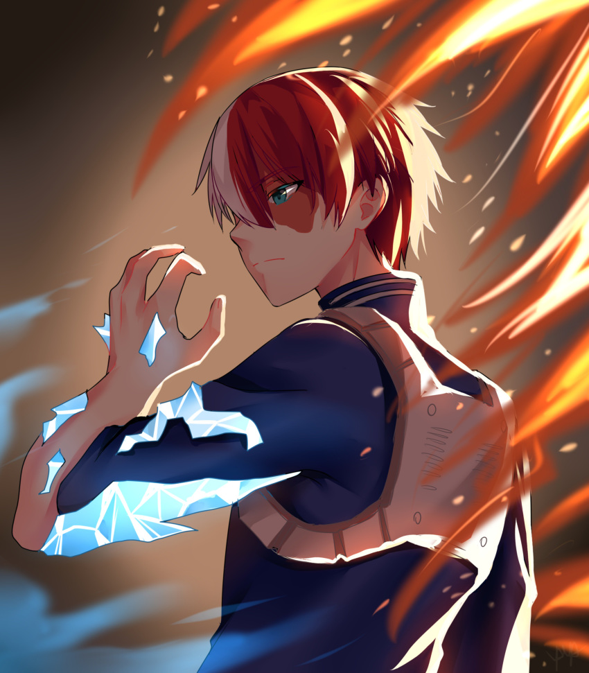 1boy absurdres blue_eyes blue_jacket boku_no_hero_academia burn_scar closed_mouth eyebrows_visible_through_hair fire from_behind hand_up highres ice jacket looking_to_the_side male_focus multicolored_hair redhead scar serious short_hair simple_background solo standing todoroki_shouto two-tone_hair upper_body white_hair yaya_chan