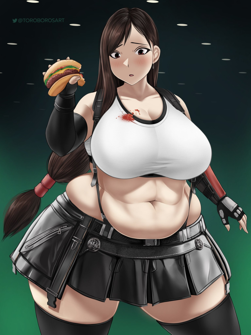 abs belly blush breasts brown_hair earrings fat final_fantasy final_fantasy_vii food gloves hamburger highres holding holding_food jewelry large_breasts long_hair looking_down midriff navel plump skirt spilling suspenders tank_top thigh-highs tifa_lockhart toroboro