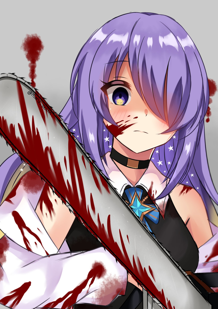 1girl blood blood_on_face bloody_clothes bloody_weapon chainsaw choker gradient_hair hair_over_one_eye highres hololive hololive_indonesia indonesian_commentary maru.selinn moona_hoshinova multicolored_hair off-shoulder_jacket purple_hair shaded_face solo twitter_username upper_body violet_eyes virtual_youtuber weapon