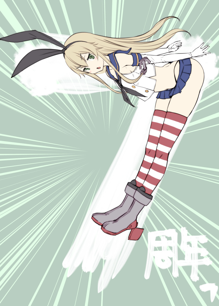 1girl bent_over blonde_hair blue_sailor_collar blue_skirt bosshi commentary_request crop_top elbow_gloves gloves green_eyes grey_footwear hairband highres kantai_collection long_hair microskirt open_mouth sailor_collar shimakaze_(kantai_collection) skirt sleeveless solo striped striped_legwear thigh-highs white_gloves