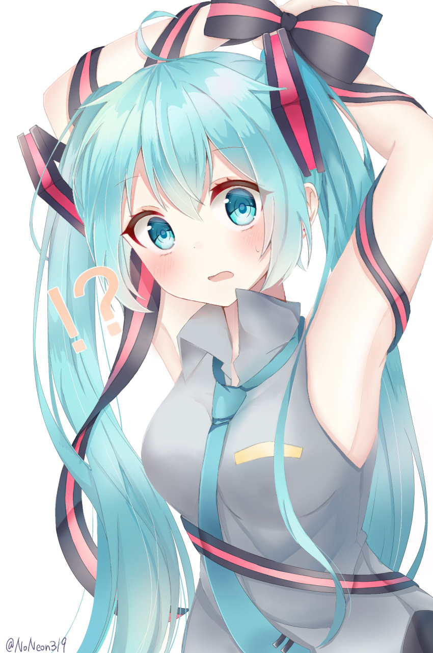 !? 1girl absurdres aqua_eyes aqua_hair aqua_neckwear armpits arms_up bare_shoulders black_skirt blush bound bound_arms bow bowtie grey_shirt hair_ornament hatsune_miku highres long_hair looking_at_viewer necktie noneon319 open_mouth ribbon shirt skirt sleeveless sleeveless_shirt solo striped striped_bow striped_ribbon surprised twintails twitter_username upper_body very_long_hair vocaloid white_background wide-eyed