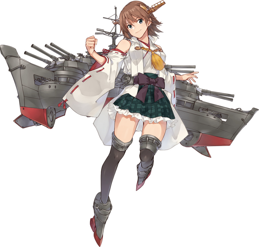 boots brown_hair detached_sleeves flipped_hair green_skirt hairband headgear hiei_(kantai_collection) highres japanese_clothes kantai_collection konishi_(koconatu) machinery nontraditional_miko official_art plaid remodel_(kantai_collection) ribbon-trimmed_sleeves ribbon_trim short_hair skirt thigh-highs thigh_boots turret