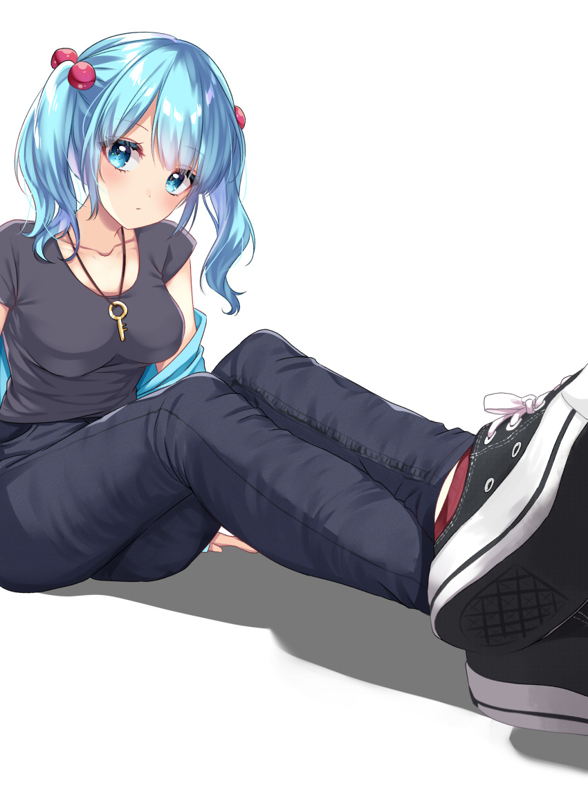 1girl absurdres black_footwear black_pants black_shirt blue_eyes blue_hair breasts casual collarbone commentary_request contemporary hair_bobbles hair_ornament highres kawashiro_nitori key long_hair looking_at_viewer medium_breasts pants shiki_(s1k1xxx) shirt shoe_soles shoes short_sleeves simple_background sitting solo touhou two_side_up white_background