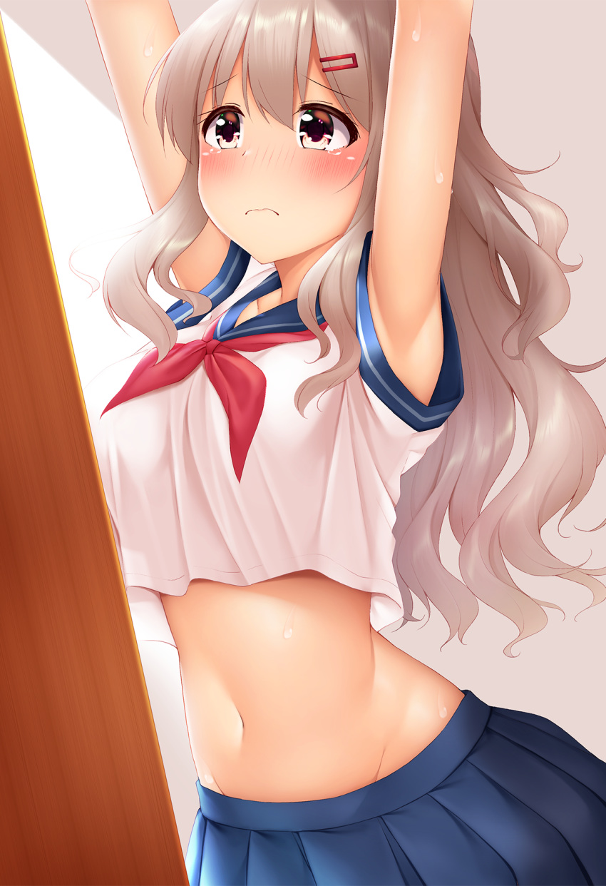1girl armpits arms_up bangs bare_arms blue_sailor_collar blue_skirt blush breasts closed_mouth commentary_request crop_top crop_top_overhang eyebrows_visible_through_hair grey_hair groin hair_between_eyes hair_ornament hairclip highres large_breasts long_hair looking_up midriff minato_(ojitan_gozaru) miniskirt navel neckerchief original pleated_skirt reaching_out red_eyes red_neckwear sailor_collar school_uniform serafuku shirt short_sleeves skirt solo stomach sweat tearing_up tears upper_body wavy_hair wavy_mouth white_shirt