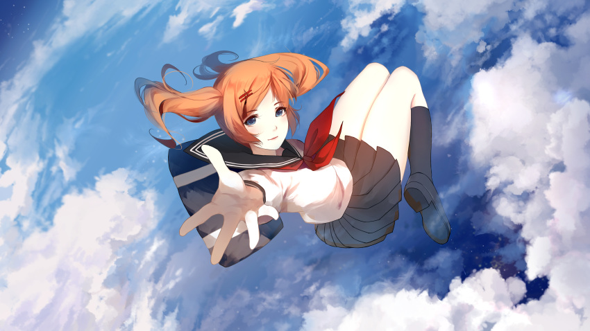 1girl absurdres bag bangs blue_eyes caidychen clouds cloudy_sky diversity_promotions eyebrows_visible_through_hair floating floating_hair full_body hair_ornament hairclip highres kneehighs legs_together light_smile loafers neckerchief orange_hair pale_skin pleated_skirt reaching_out red_neckwear school_bag school_uniform serafuku shirt shoes skirt sky solo spread_fingers twintails white_shirt yuzuru_fujiwara