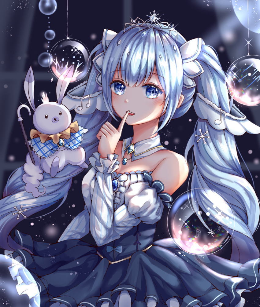 1girl amulet bare_shoulders blue_dress blurry blurry_background bubble cane capelet caron collar commentary curtains detached_collar detached_sleeves dress eighth_note finger_to_mouth framed_breasts hair_ornament hand_up hatsune_miku highres holding_cane index_finger_raised light_blue_eyes light_blue_hair long_sleeves looking_at_viewer musical_note musical_note_hair_ornament neck_ruff petticoat plaid_capelet princess puffy_long_sleeves puffy_sleeves rabbit rabbit_yukine rainbow smile snowflake_hair_ornament strapless strapless_dress tiara upper_body vocaloid white_collar window yuki_miku yuki_miku_(2019)