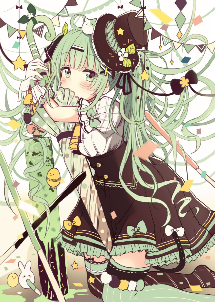 1girl ahoge black_bow black_headwear black_legwear black_ribbon black_skirt blush bow breasts brown_background closed_umbrella commentary_request covered_mouth flower food frilled_skirt frills gloves gradient gradient_background green_bow green_eyes green_hair green_legwear green_umbrella hair_ornament hair_ribbon hairclip hands_up hat highres ice_cream kneeling long_hair looking_at_viewer mismatched_legwear original pennant personification puffy_short_sleeves puffy_sleeves ribbon sakura_oriko shirt short_sleeves skirt small_breasts solo string_of_flags thigh-highs top_hat twintails umbrella very_long_hair white_background white_bow white_flower white_gloves white_shirt x_hair_ornament