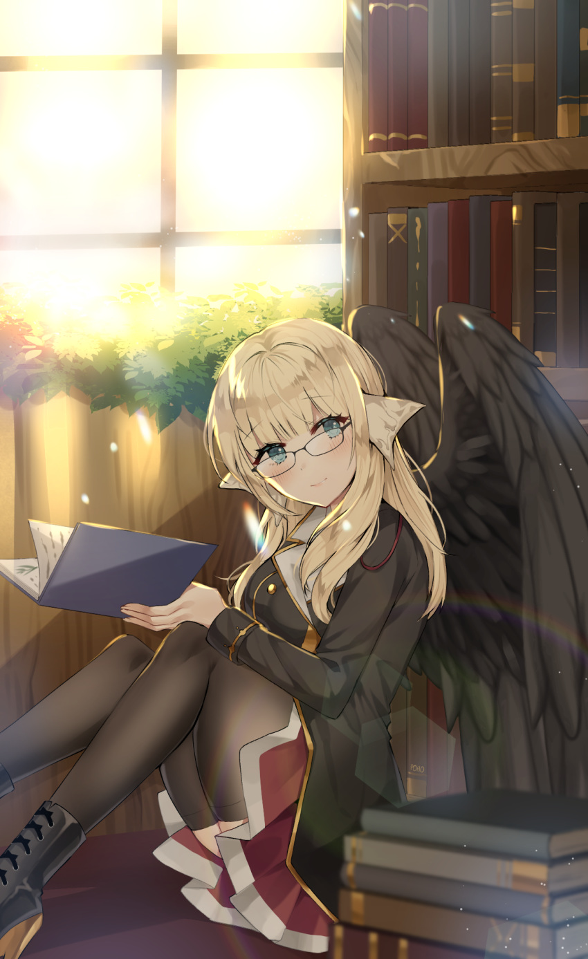 1girl angel_wings artist_name black-framed_eyewear black_footwear black_legwear blonde_hair blue_eyes blush book book_stack bookshelf boots breasts closed_mouth commission eyebrows_visible_through_hair final_fantasy final_fantasy_xiv glasses high_heel_boots high_heels highres holding holding_book index_finger_raised large_breasts long_hair looking_at_viewer pleated_skirt poho red_skirt sitting skirt smile solo sunset thigh-highs window wings
