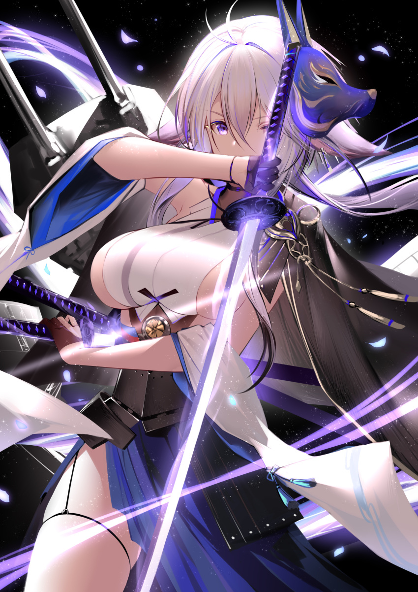 1girl absurdres an_yasuri antenna_hair azur_lane bare_shoulders black_background blue_hakama breasts choker detached_sleeves dual_wielding fox_mask hakama highres holding holding_sword holding_weapon japanese_clothes katana large_breasts long_hair looking_at_viewer low_ponytail mask mask_on_head side_slit sideboob silver_hair simple_background skindentation solo standing sword thighs tosa_(azur_lane) turret violet_eyes weapon wide_sleeves
