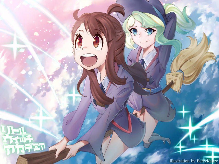 2girls alternate_hairstyle berrykanry blonde_hair blue_eyes broom broom_riding brown_hair clouds cloudy_sky couple diana_cavendish happy highres kagari_atsuko little_witch_academia looking_at_another luna_nova_school_uniform multicolored_hair multiple_girls open_mouth ponytail red_eyes school_uniform sky smile star star_(sky) thighs two-tone_hair uniform yuri