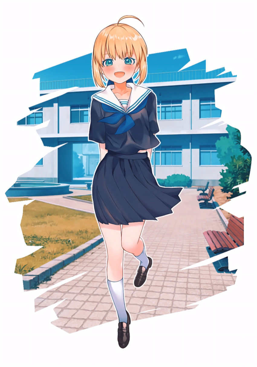 1girl :d ahoge artoria_pendragon_(all) black_footwear blonde_hair blue_shirt blue_shorts blush collarbone commentary_request fate/stay_night fate_(series) green_eyes hair_ribbon highres kneehighs open_mouth outdoors pleated_skirt ribbon saber shirt shoes shorts skirt smile solo white_legwear yoshi8357