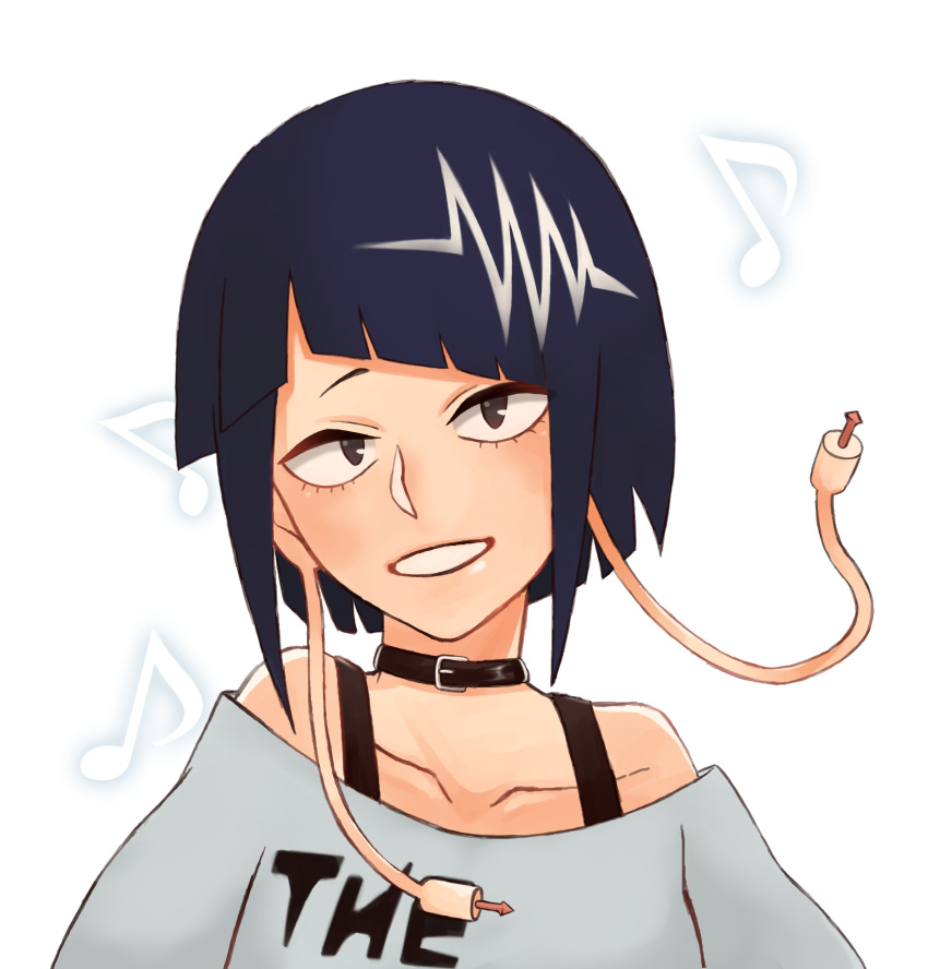 1girl absurdres bangs bare_shoulders black_eyes black_hair blue_hair blunt_bangs blush boku_no_hero_academia gehflixy32uaowg happy highres jirou_kyouka looking_at_viewer open_mouth purple_hair shirt short_hair simple_background smile solo