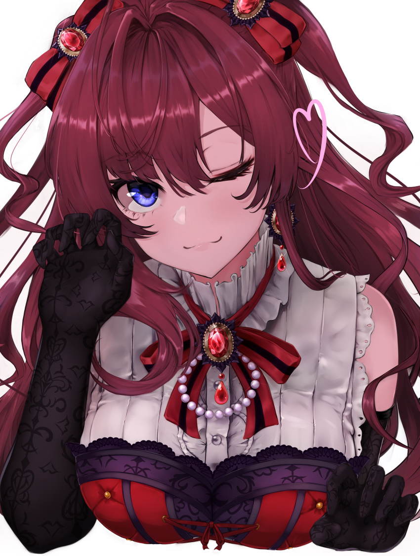 1girl :3 absurdres ahoge bangs black_gloves blue_eyes blush bow breasts brooch brown_hair claw_pose closed_mouth commentary_request earrings elbow_gloves gloves hair_bow heart highres ichinose_shiki idolmaster idolmaster_cinderella_girls jewelry lace_trim lamp_p9 lips long_hair looking_at_viewer one_eye_closed red_bow red_neckwear red_ribbon ribbon sleeveless smile solo striped striped_bow two_side_up upper_body wavy_hair