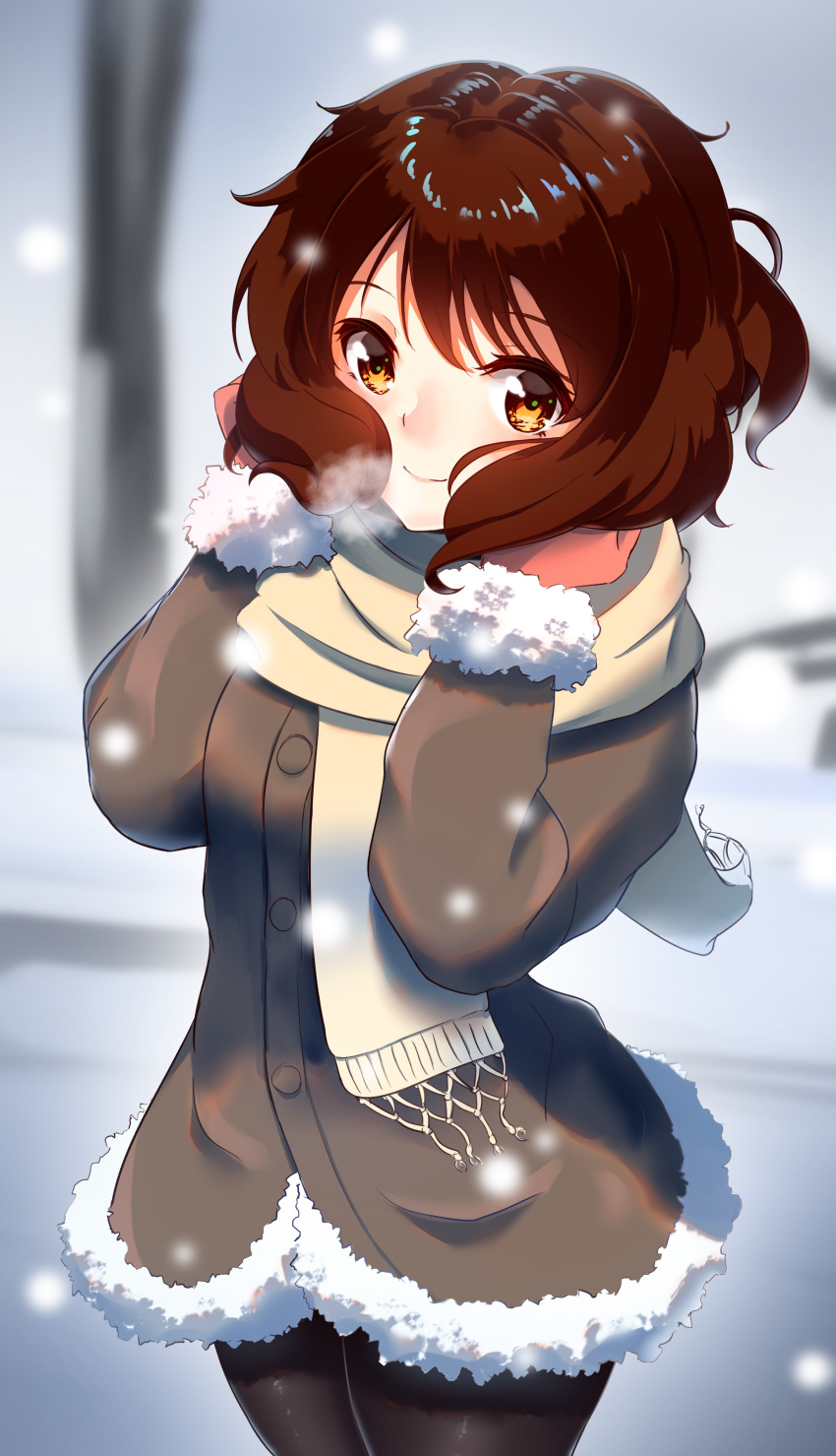 1girl absurdres bangs black_legwear brown_hair closed_mouth coat cowboy_shot day fur_coat grey_coat h-appa hibike!_euphonium highres long_sleeves looking_at_viewer oumae_kumiko outdoors pantyhose scarf shiny shiny_hair shiny_legwear short_hair smile snowing solo standing steam white_scarf winter winter_clothes winter_coat yellow_eyes