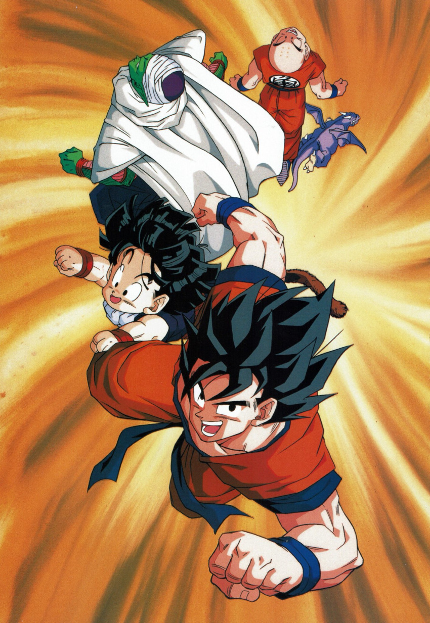 4boys :d animal artist_request bald black_eyes black_hair cape clenched_hands clothes_writing collarbone dougi dragon dragon_ball dragon_ball_z father_and_son fighting_stance fingernails flying from_above frown full_body gradient gradient_background grin highres icarus_(dragon_ball) kuririn looking_afar looking_at_viewer looking_up male_focus messy_hair monkey_tail multiple_boys muscle official_art open_mouth orange_background outstretched_arms piccolo pointy_ears serious shaded_face simple_background smile son_gohan son_gokuu spiky_hair spiral_background tail teeth turban upside-down white_background wristband yellow_background