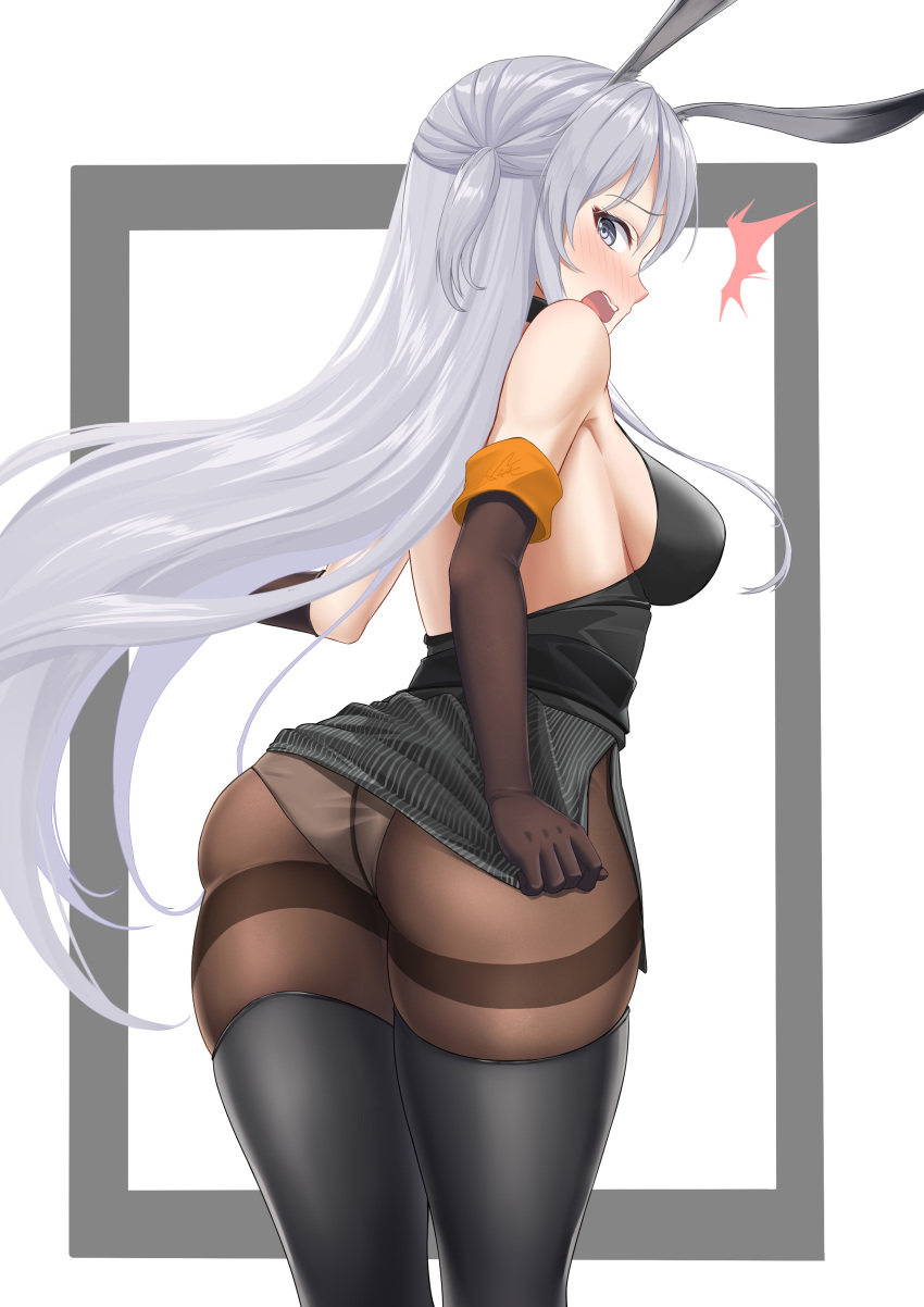 1girl absurdres animal_ears arknights ass back bangs bare_shoulders black_footwear black_legwear black_shirt blush boots breasts brown_gloves brown_legwear chinese_commentary commentary_request cowboy_shot crotch_seam elbow_gloves from_behind gloves grey_eyes grey_skirt highres large_breasts lazgear long_hair looking_at_viewer looking_back medium_breasts miniskirt open_mouth panties panties_under_pantyhose pantyhose pencil_skirt rabbit_ears savage_(arknights) shirt side_slit sideboob silver_hair simple_background skindentation skirt sleeveless sleeveless_shirt solo standing thigh-highs thigh_boots thighband_pantyhose thighs two_side_up underwear very_long_hair white_background white_panties