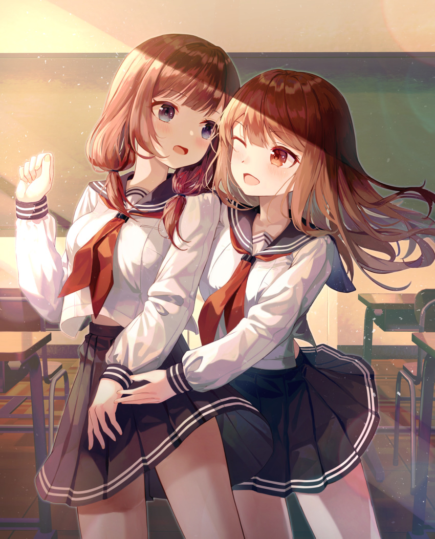 2girls ;d bangs black_sailor_collar black_skirt blue_eyes blush breasts brown_eyes brown_hair chair commentary_request desk eyebrows_visible_through_hair floating_hair hand_up highres indoors long_hair long_sleeves low_twintails medium_breasts multiple_girls neckerchief one_eye_closed open_mouth original pleated_skirt red_neckwear sailor_collar school_chair school_desk school_uniform seero serafuku shirt skirt smile sunset twintails very_long_hair white_shirt