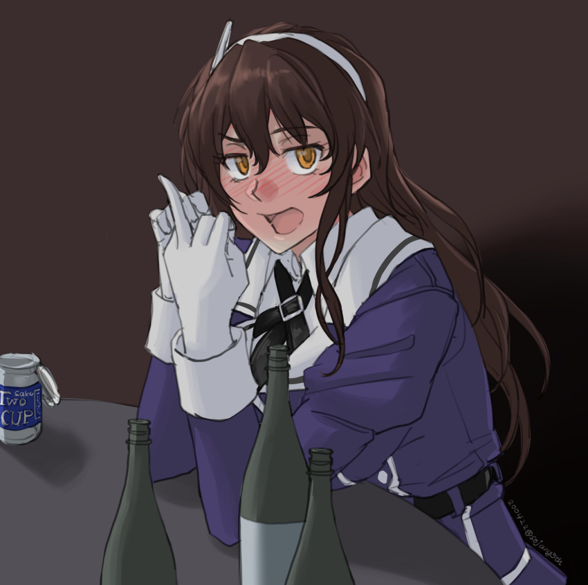 1girl ashigara_(kantai_collection) black_legwear blush bottle brown_eyes brown_hair commentary_request dated drunk gloves hairband highres horned_headwear kantai_collection long_hair looking_at_viewer military military_uniform nose_blush remodel_(kantai_collection) solo sozan table twitter_username uniform upper_body wavy_hair white_gloves