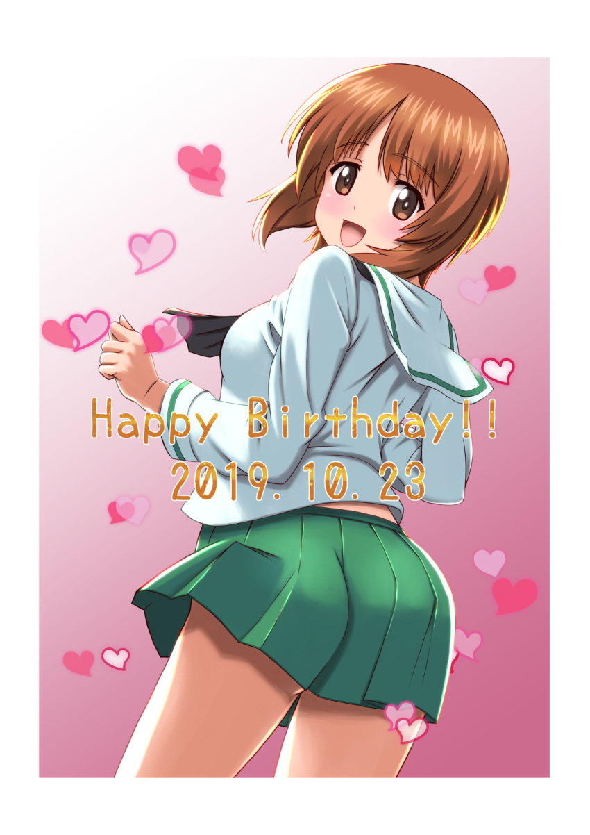 1girl :d bangs black_neckwear blouse blush brown_eyes brown_hair commentary_request cowboy_shot dated english_text eyebrows_visible_through_hair from_behind girls_und_panzer gradient gradient_background green_skirt happy_birthday heart highres long_sleeves looking_at_viewer looking_back miniskirt neckerchief nishizumi_miho ooarai_school_uniform open_mouth partial_commentary pink_background pleated_skirt school_uniform serafuku short_hair skirt smile solo standing t_k white_blouse