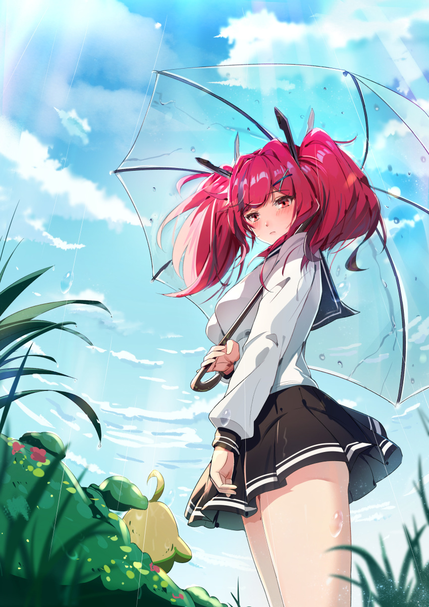 1girl absurdres alternate_costume arm_at_side azur_lane black_ribbon black_sailor_collar black_skirt blue_sky breasts bremerton_(azur_lane) closed_mouth clouds commentary_request cosplay day from_below from_side grass grey_hair hair_ornament hair_ribbon highres honolulu_(azur_lane) honolulu_(azur_lane)_(cosplay) honolulu_(parasol_girl)_(azur_lane) ijuun large_breasts long_sleeves looking_down manjuu_(azur_lane) multicolored_hair outdoors ribbon sailor_collar school_uniform serafuku shirt skirt sky streaked_hair sunlight thighs twintails two-tone_hair umbrella white_serafuku white_shirt x_hair_ornament