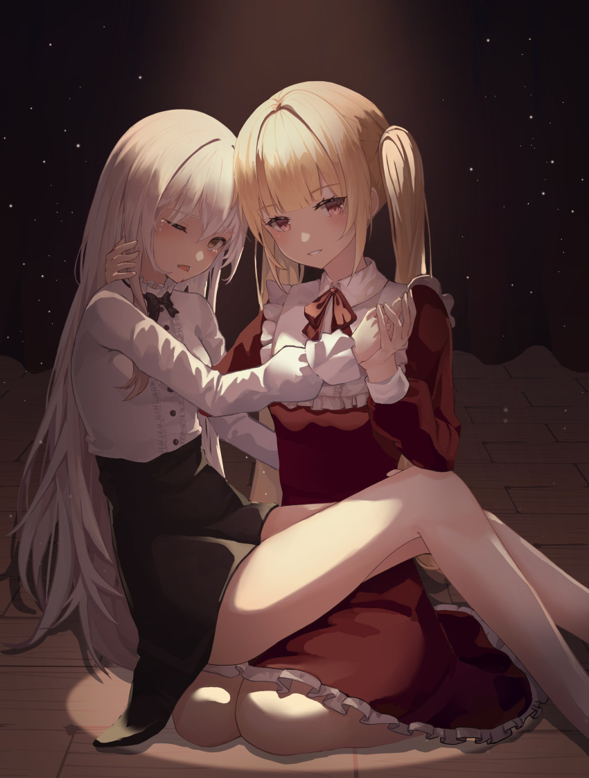 2girls absurdres blonde_hair blood blood_on_face eyebrows_visible_through_hair feet_out_of_frame highres long_hair lower_teeth multiple_girls one_eye_closed original parted_lips red_eyes tearing_up teeth twintails white_hair yellow_eyes yeolyeo yuri